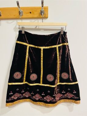 Embroidered Velvet Mini Skirt in Dark Brown with Pink Accents